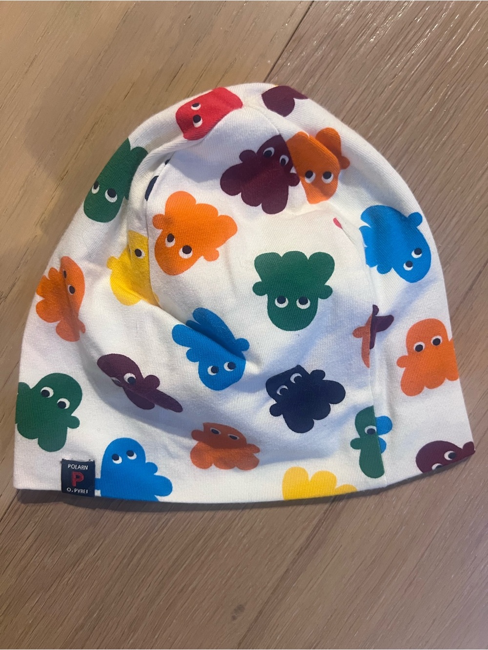 NWOT Polarn O. Pyret Kids' White Beanie with Colorful Cloud Faces